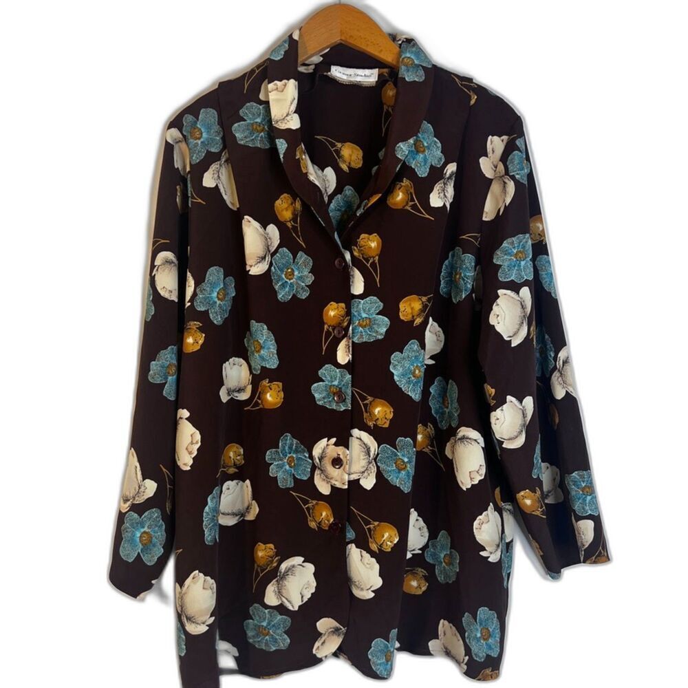 Graver Studio Brown Floral Print‎ Button Front Lightweight Blouse Size XL